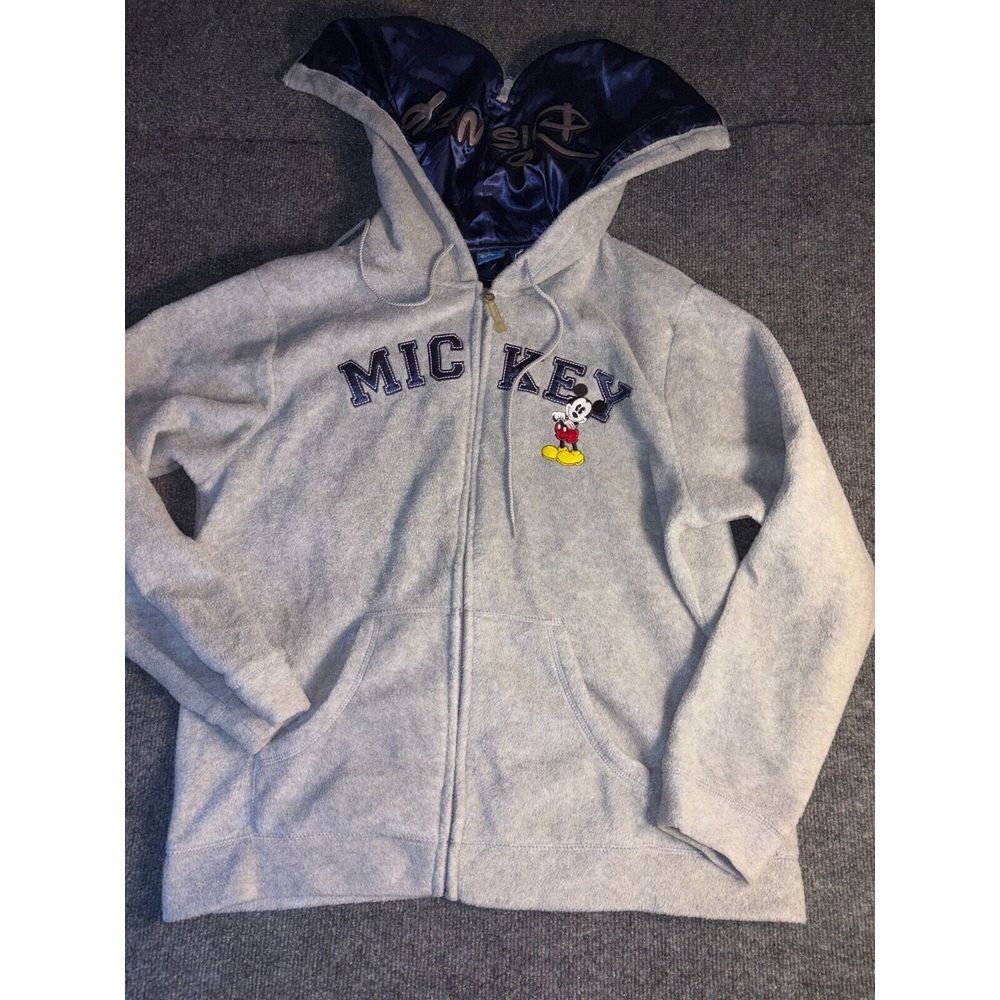 Disney Hoodie Mens Large Gray Mickey Mouse Kangaroo Pocket Long Sleeve Full Zip